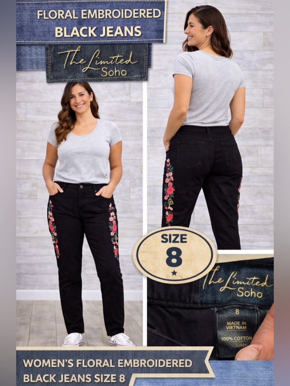 Floral Embroidered Black Jeans size 8